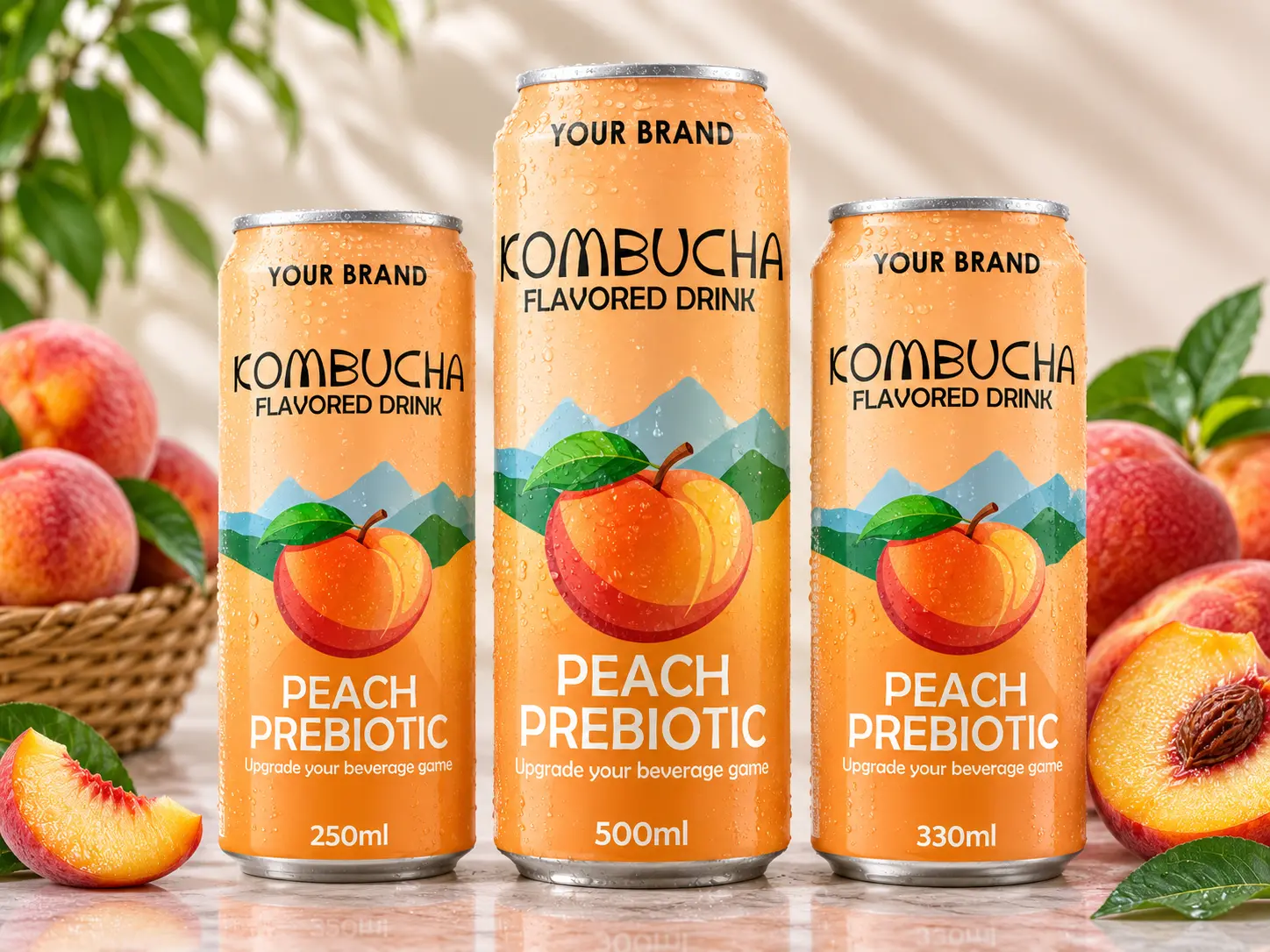 KOMBUCHA DRINK Peach Prebiotic in 250ml, 330ml and 500ml cans.